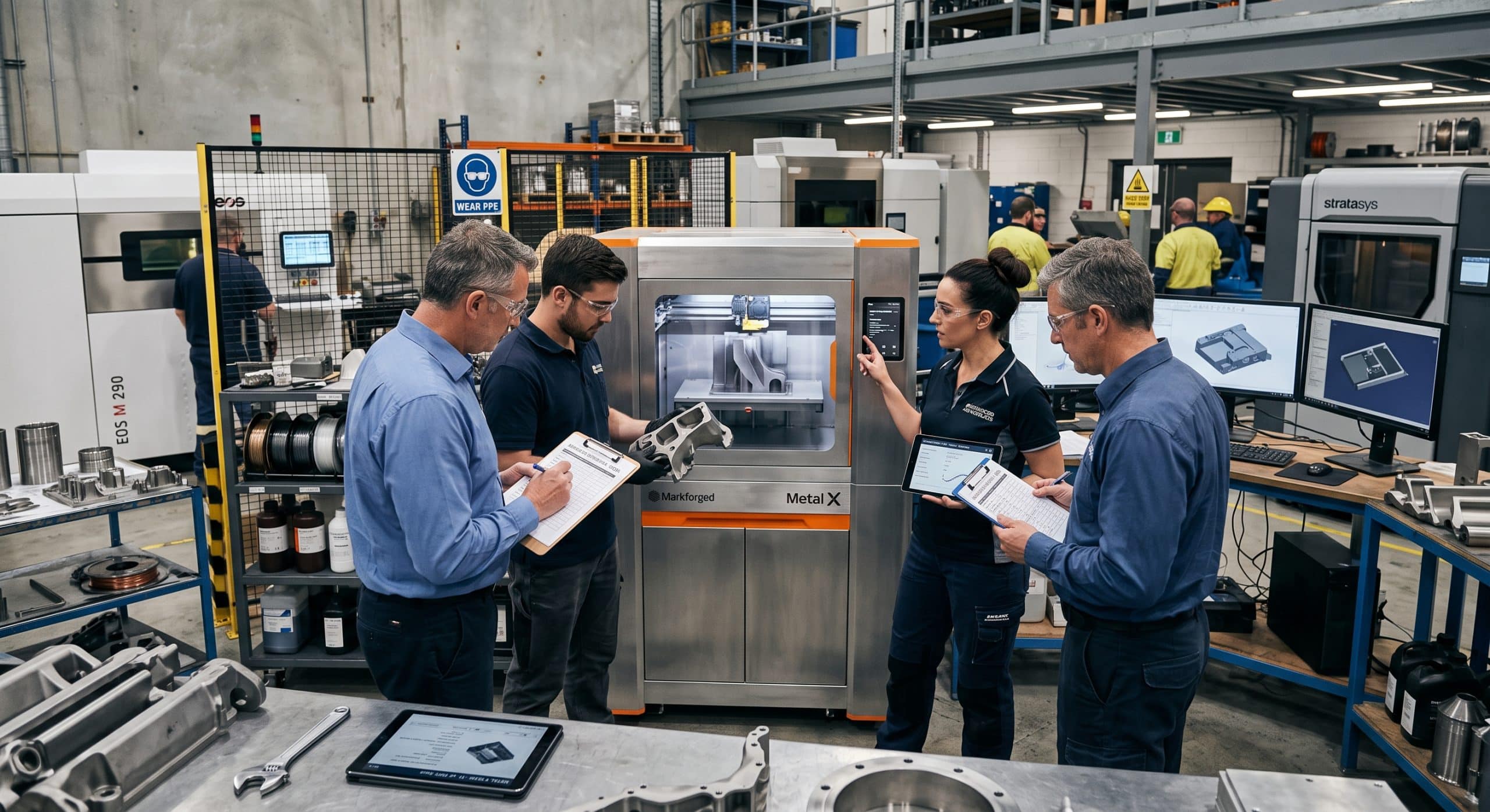 Engineers inspecting industrial 3D printer equipment during metal additive manufacturing operations