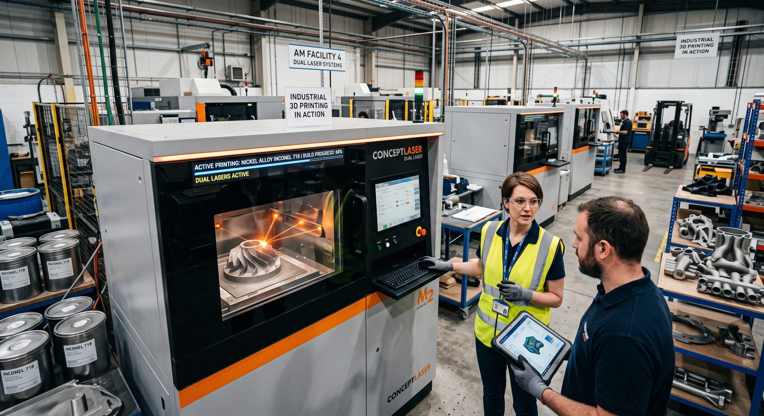 Industrial 3D printing machine using dual laser technology to manufacture metal components