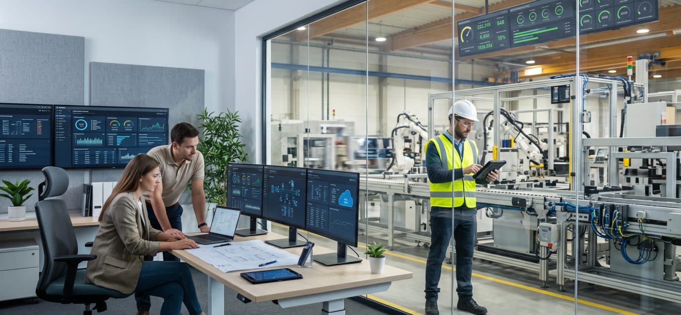 IT/OT convergence connecting office computer systems with automated factory equipment and real-time production dashboards