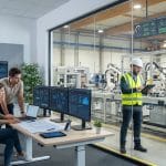 IT/OT convergence connecting office computer systems with automated factory equipment and real-time production dashboards