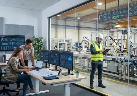 IT/OT convergence connecting office computer systems with automated factory equipment and real-time production dashboards