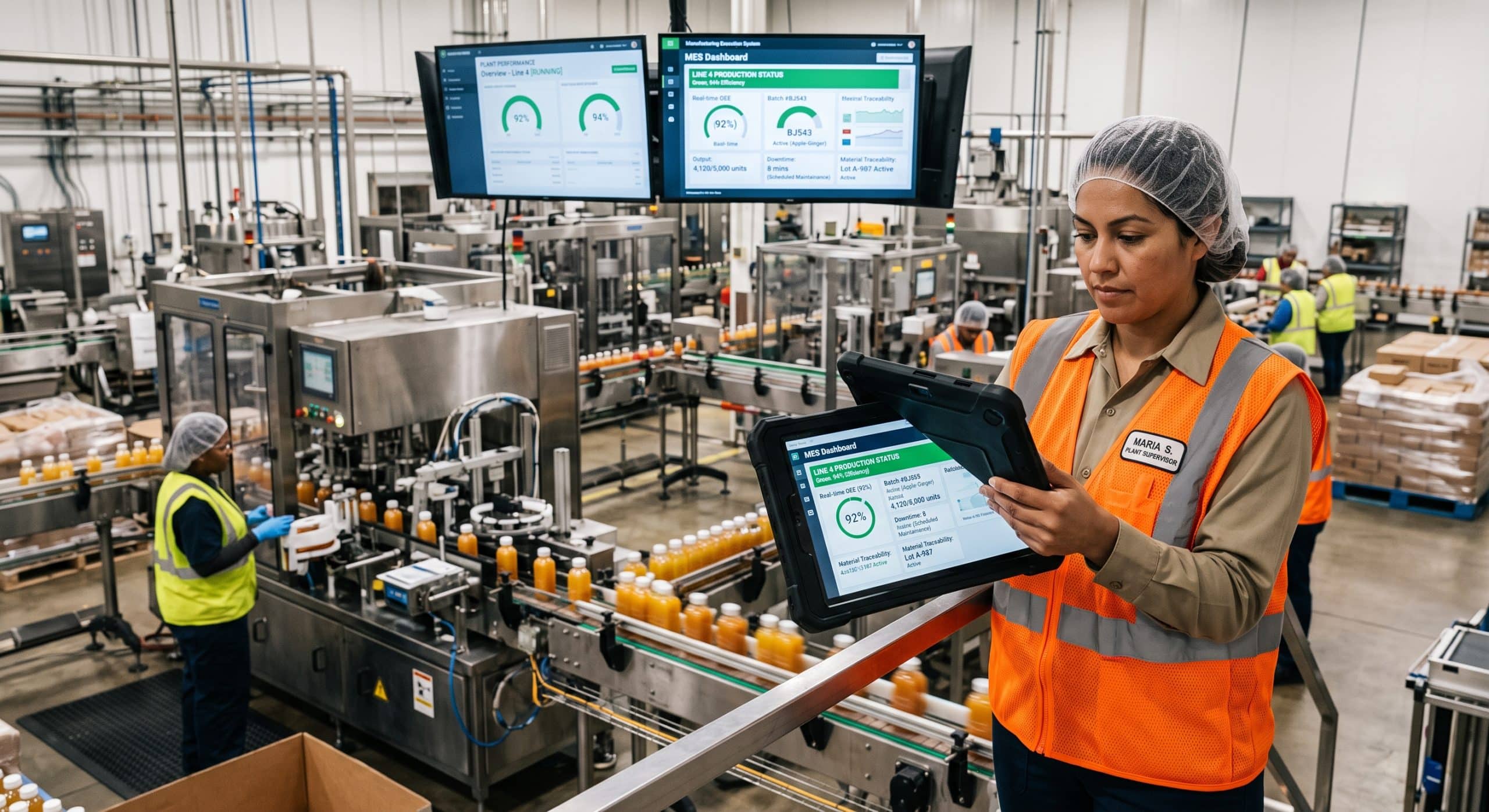 MES software dashboard monitoring production line performance in a factory