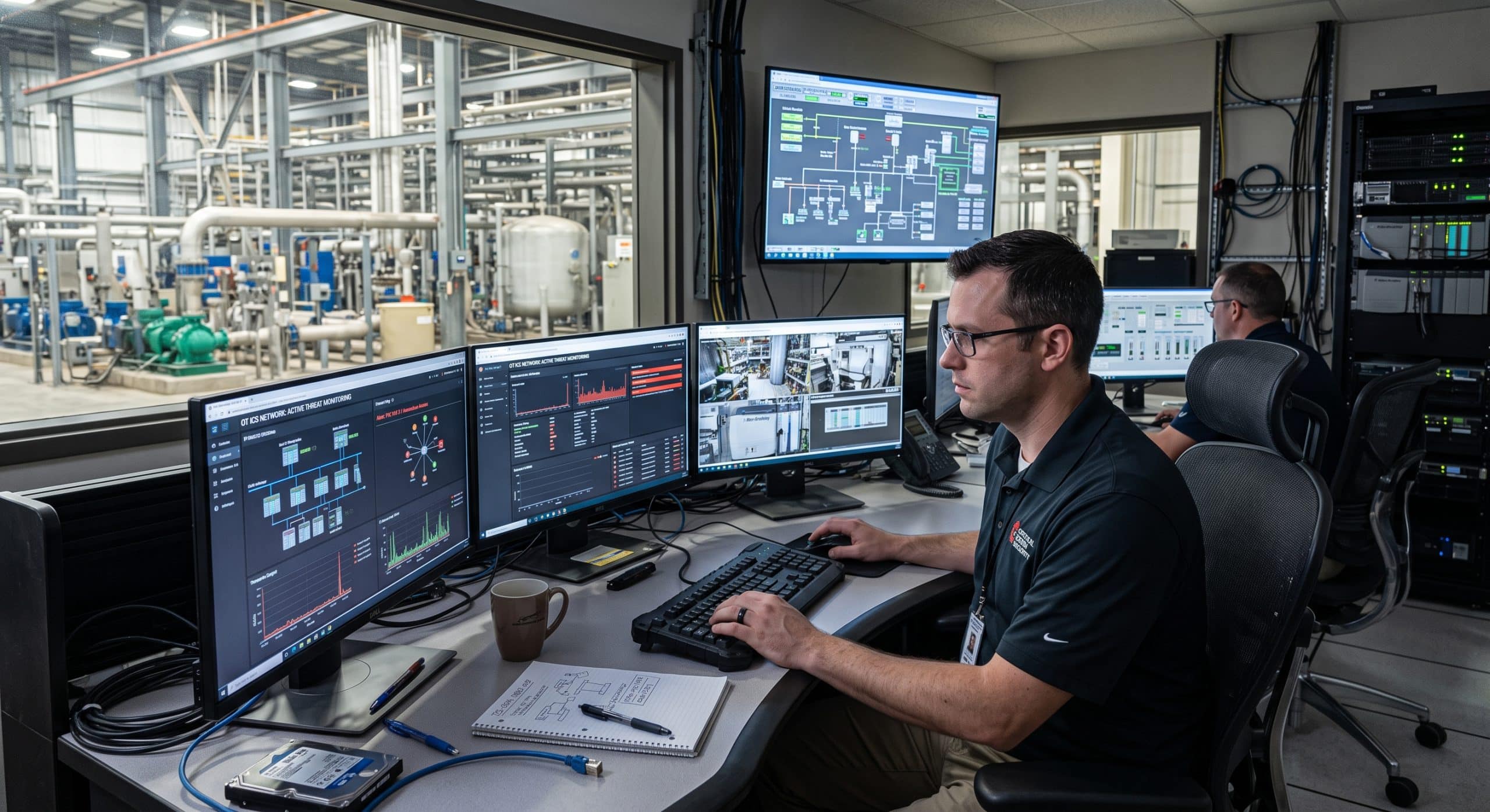 OT cybersecurity monitoring in an industrial control room with network security dashboards