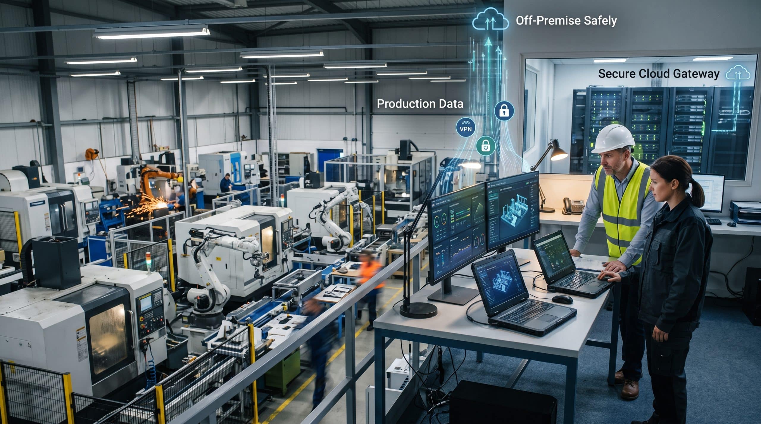 Cloud manufacturing system securely transferring production data to off-premise servers