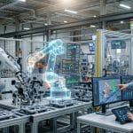 Digital twin technology in manufacturing showing a virtual robotic arm, connected production equipment, and real-time factory performance data