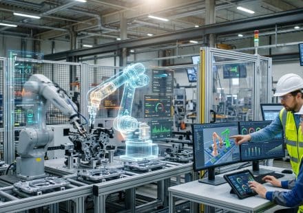Digital twin technology in manufacturing showing a virtual robotic arm, connected production equipment, and real-time factory performance data