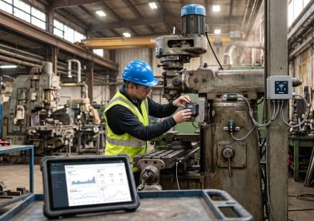 Industrial IoT sensors connected to legacy factory machinery for real-time equipment monitoring