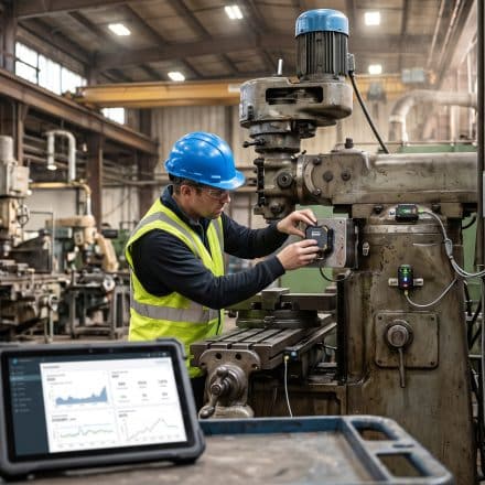 Industrial IoT sensors connected to legacy factory machinery for real-time equipment monitoring