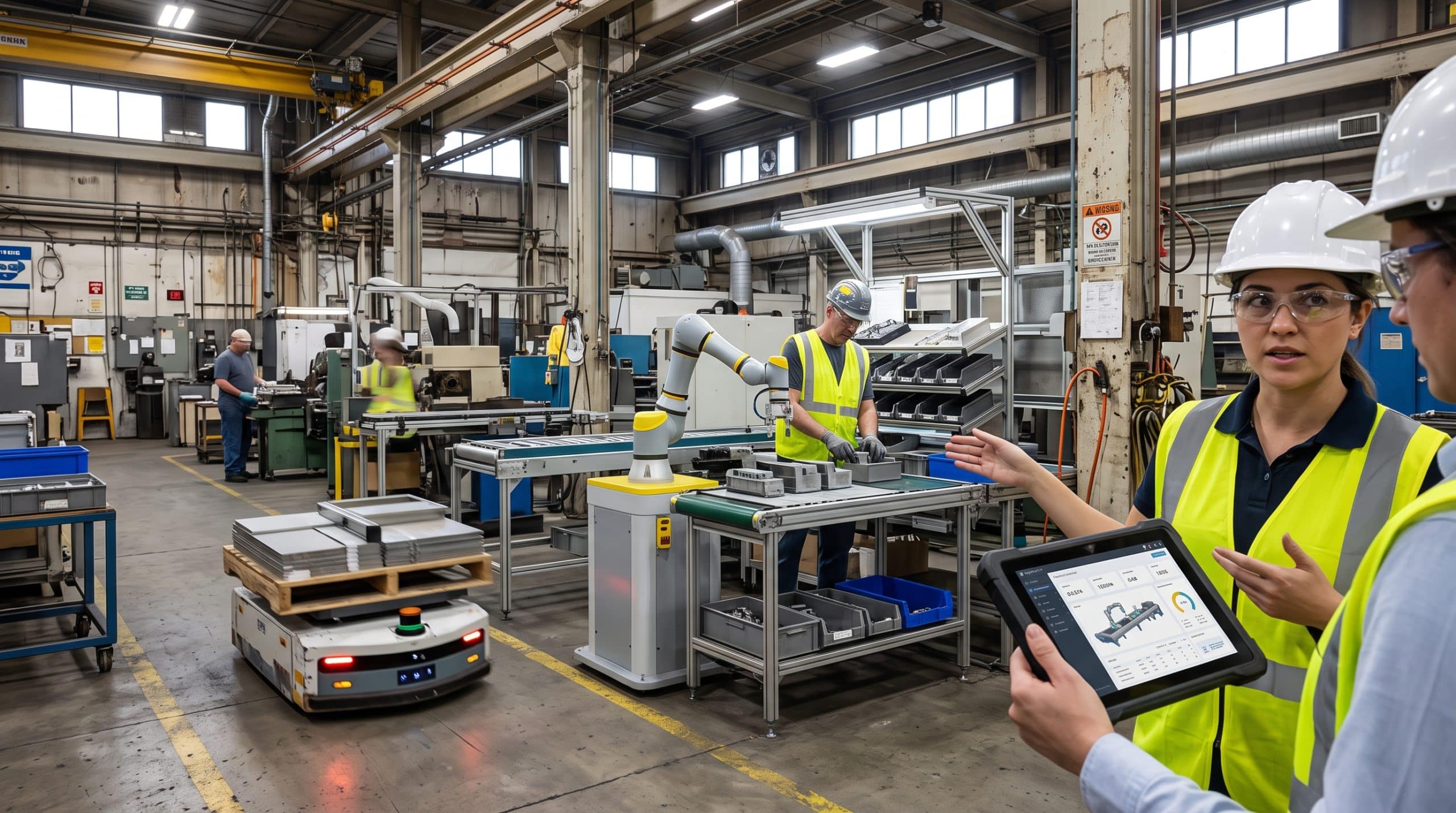 Industrial automation system with robotic equipment and workers in a manufacturing facility