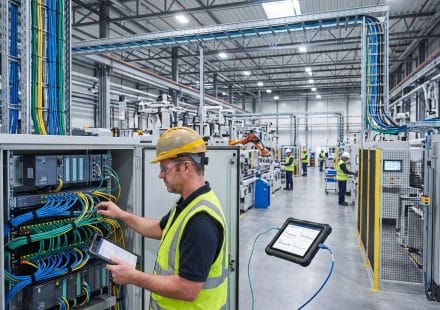 Industrial network engineer configuring Ethernet switches and cables in a factory control cabinet