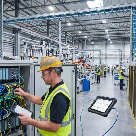 Industrial network engineer configuring Ethernet switches and cables in a factory control cabinet