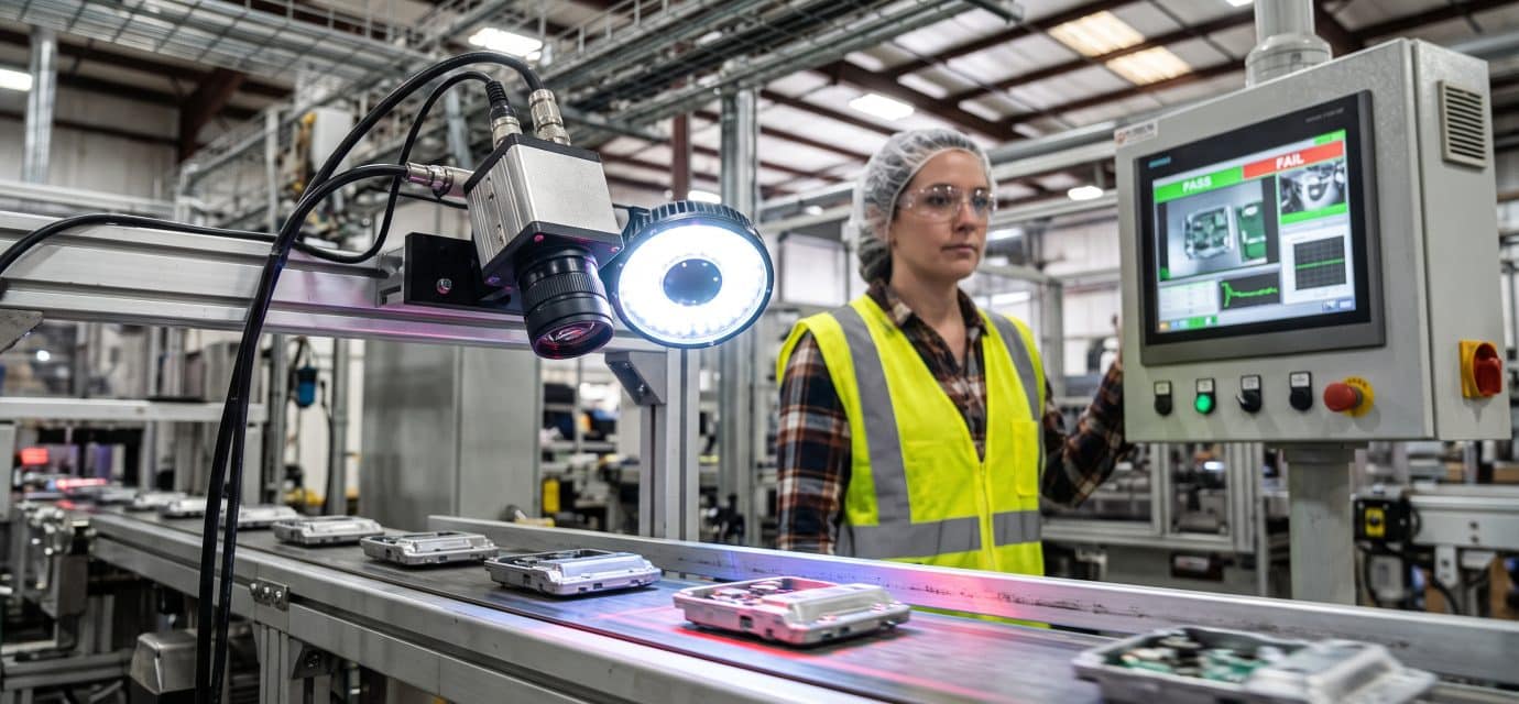 Machine vision camera inspecting products on a manufacturing conveyor belt for automated quality control