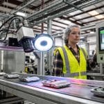 Machine vision camera inspecting products on a manufacturing conveyor belt for automated quality control