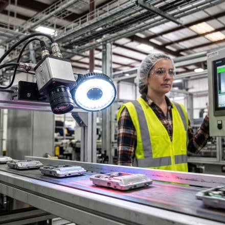 Machine vision camera inspecting products on a manufacturing conveyor belt for automated quality control