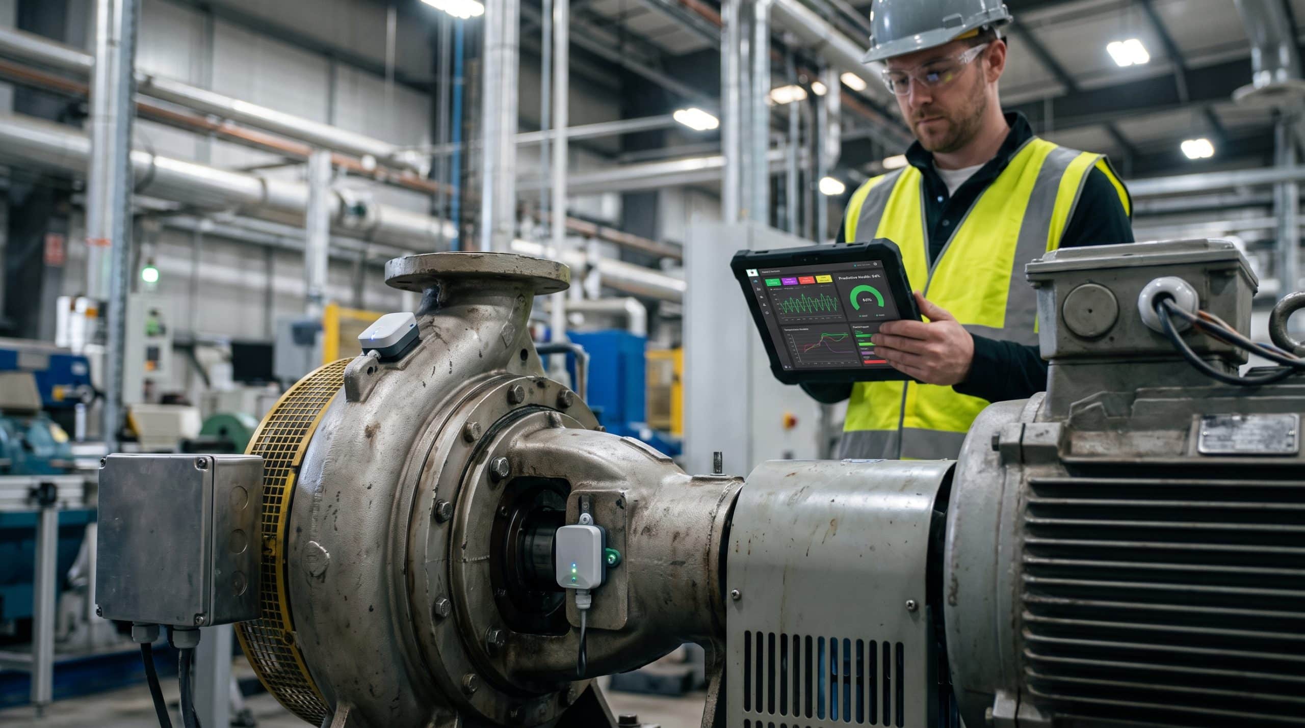 Predictive maintenance sensors monitoring industrial equipment with real-time data