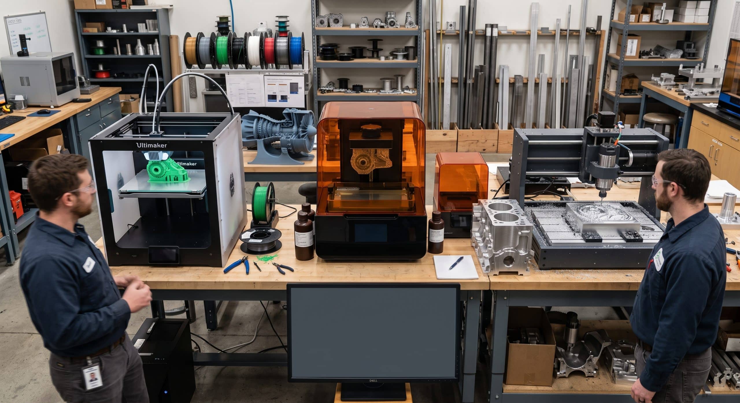 Rapid prototyping workshop with FDM and SLA 3D printers and CNC milling equipment