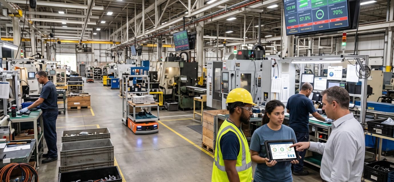 Smart factory with connected manufacturing machines, digital production dashboards, and workers monitoring real-time performance data