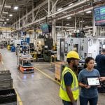 Smart factory with connected manufacturing machines, digital production dashboards, and workers monitoring real-time performance data