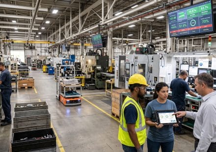 Smart factory with connected manufacturing machines, digital production dashboards, and workers monitoring real-time performance data