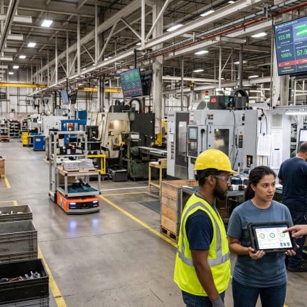 Smart factory with connected manufacturing machines, digital production dashboards, and workers monitoring real-time performance data